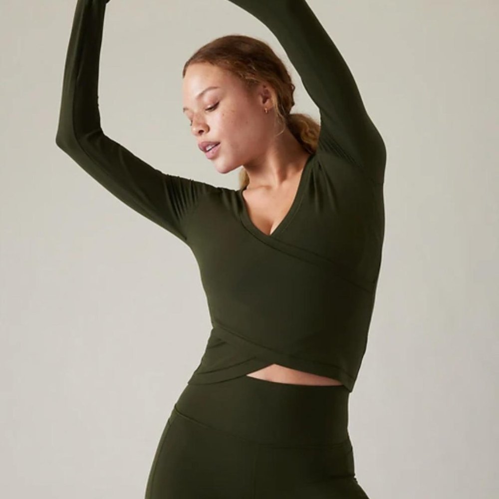 Athleta Transcend Wrap Top in Aspen Olive.